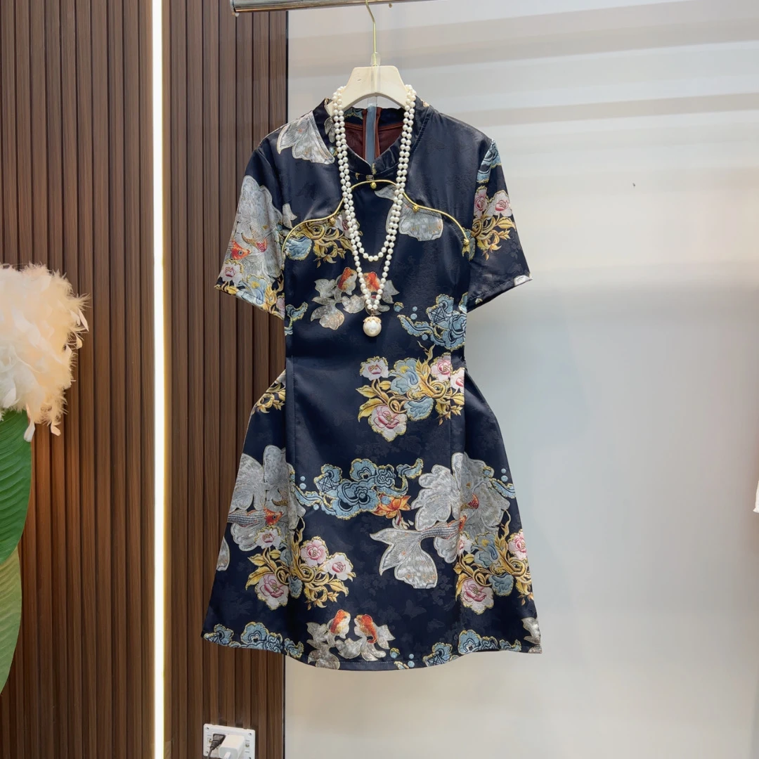 欧洲站新中式时尚国风改良复古碎花显瘦连衣裙