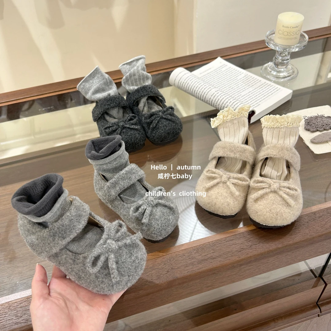 【咸柠七】miu系甜心~女童秋冬百搭毛呢单鞋蝴蝶结公主鞋玛丽珍鞋