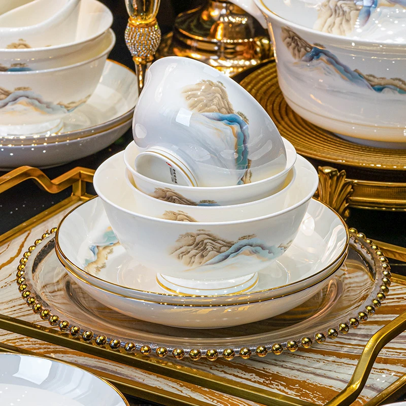 米饭碗家用2025新款碗盘高脚碗筷子组合特别好看的景德镇陶瓷小碗