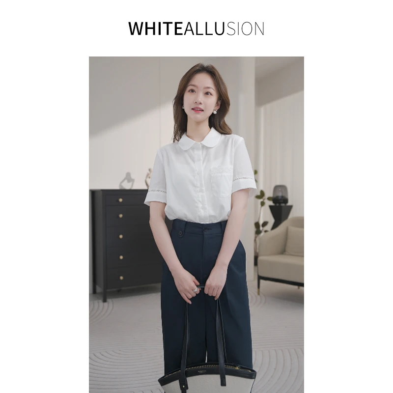 清仓【2032】100%天丝短袖衬衫元宝领花边衬衣