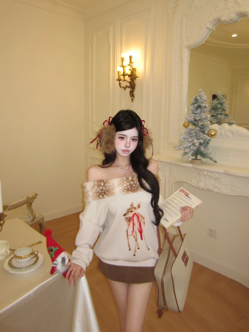 洋气小鹿印花软糯毛领卫衣女立体2025年秋冬新款蝴蝶结套头衫上衣