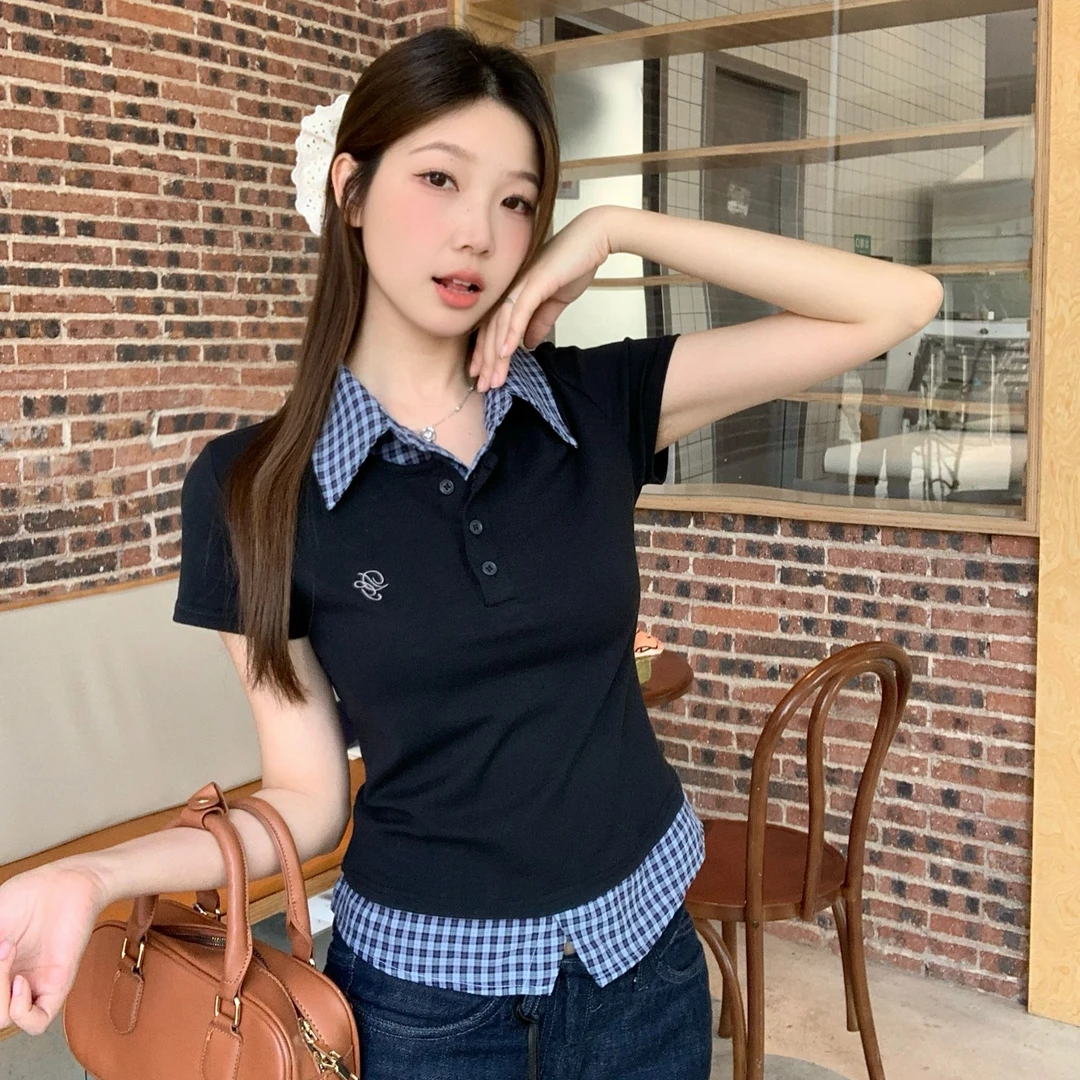 大码学院风短袖t恤女夏季假两件polo领正肩体恤胖MM遮肉显瘦上衣