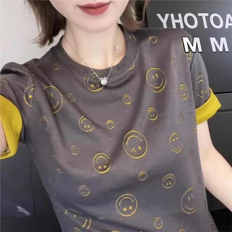 设计感拼接印花短袖t恤女2025年夏季新款洋气笑脸圆领上衣5001
