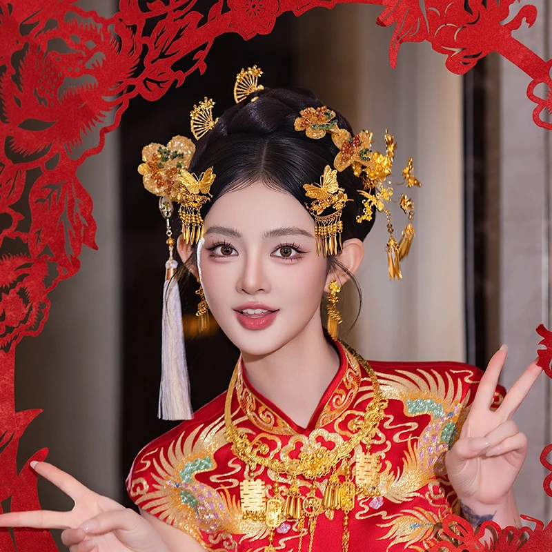 合金婚庆饰品 新款新娘古风新中式长流苏蝴蝶发簪秀禾发饰MT0147