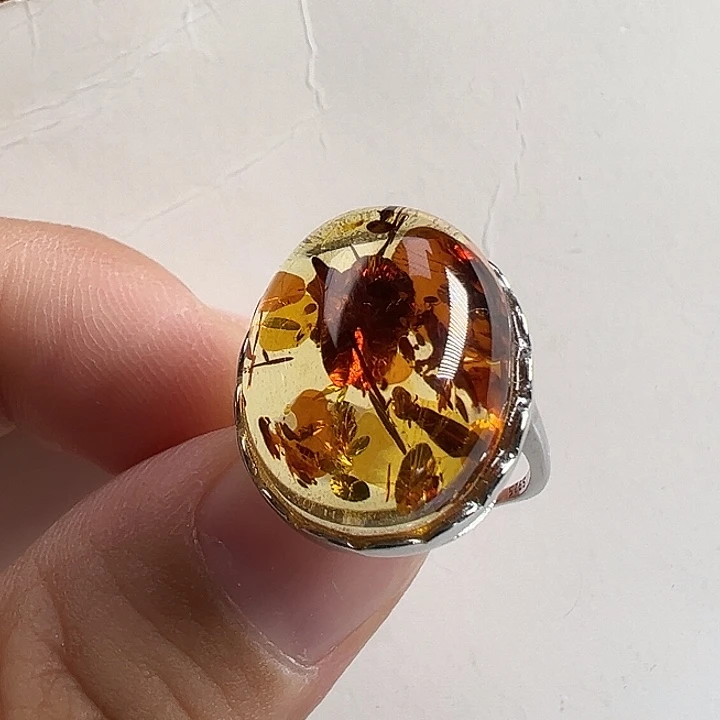 琥珀（花珀）银S925镶嵌戒指