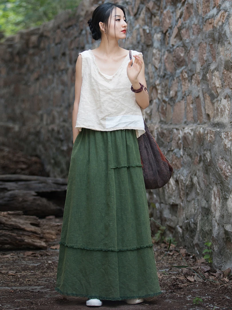 苎麻砂炒磨毛休闲百搭半身裙棉麻女装新品25春夏居家旅行女式裙子