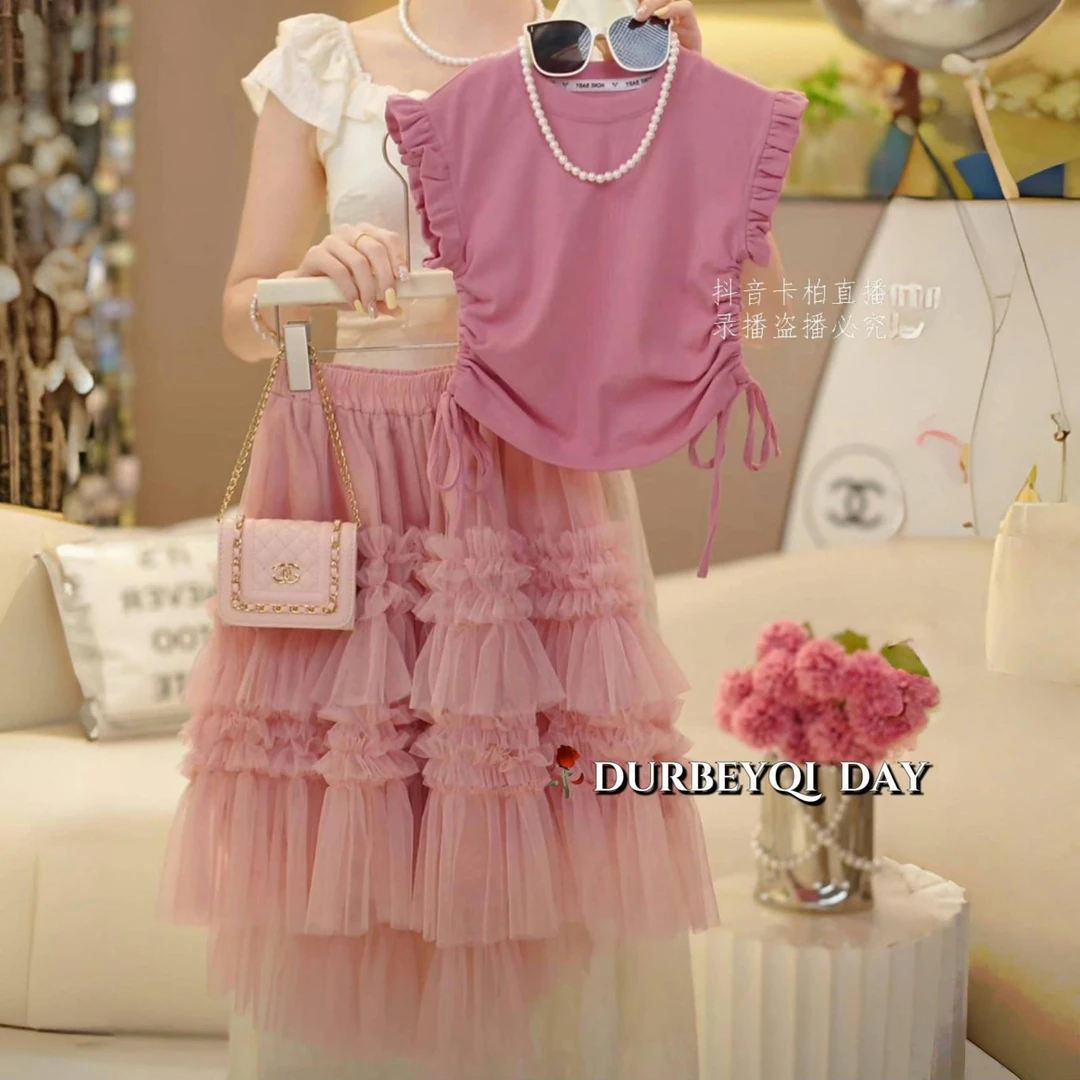 女童夏季套装新款中大童背心上衣可爱蛋糕裙裙洋气两件套公主裙