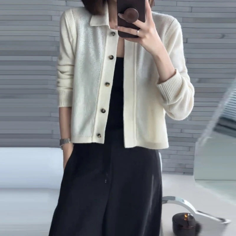 秋季新款韩系小香风翻领针织开衫女法式宽松百搭别致设计感上衣潮