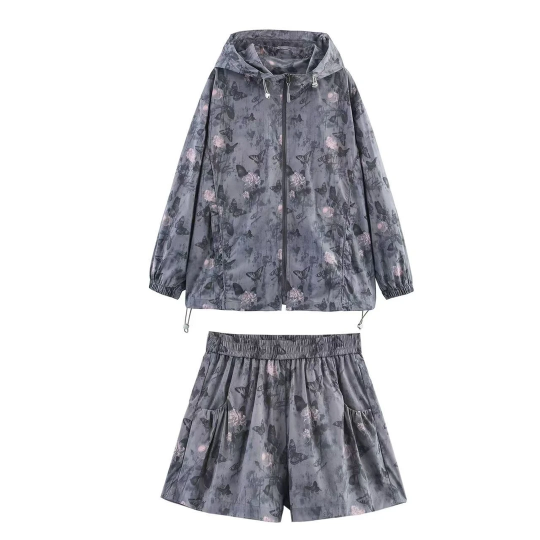 【蝶影墨花】25夏装新款时尚连帽防晒夹克短裤套装.D0434