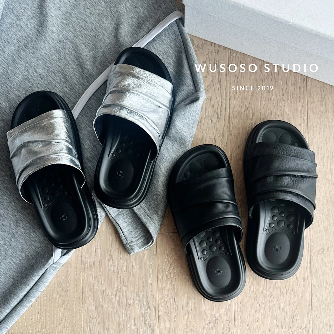 【soso】25ss｜欧货羊皮一字带褶皱拖鞋凉鞋