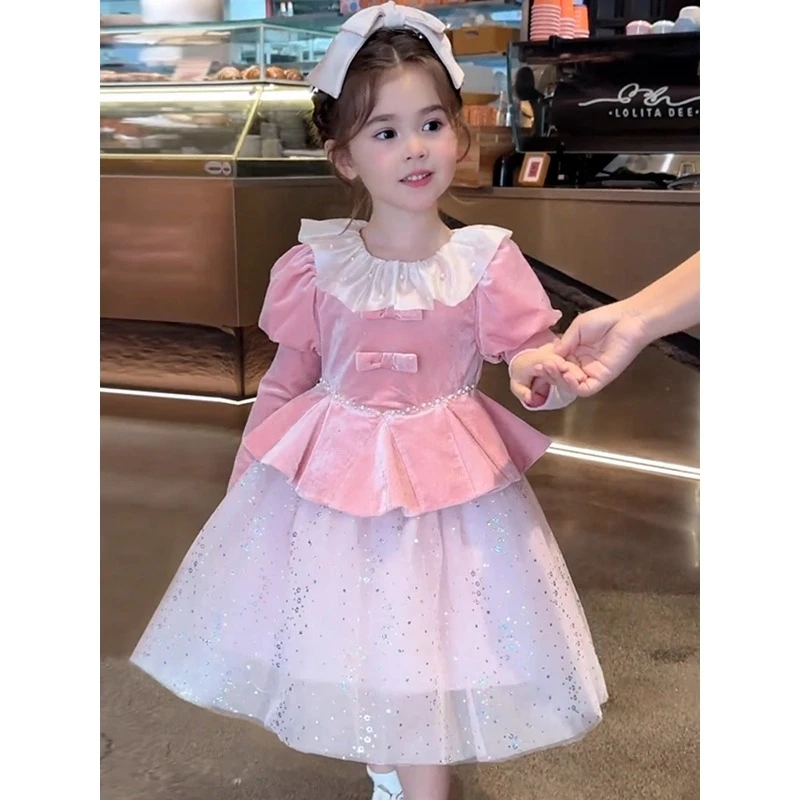 2025绝美连衣裙女童富家千金感裙子秋冬季新款加绒儿童丝绒打底裤