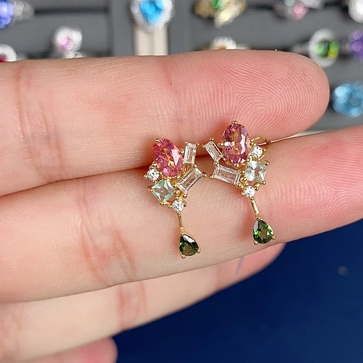 碧玺猫眼耳饰银S925镶嵌