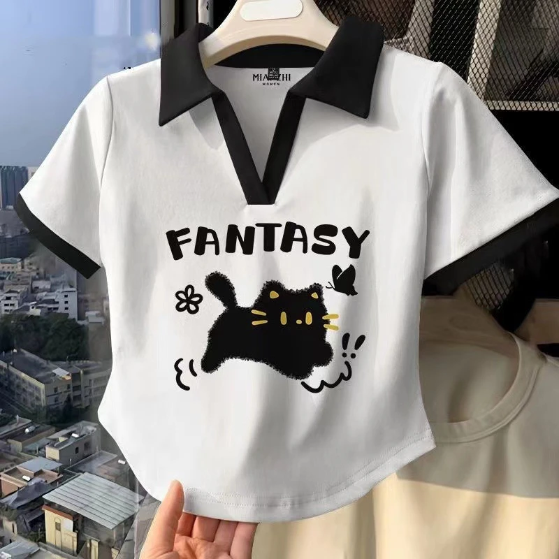 翻领短袖T恤女2025新款爆款洋气减龄衫白色上衣广州十三行显瘦