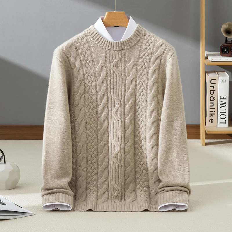 【不议价】男士100%山羊绒三股加厚绞花圆领羊绒衫保暖针织长袖秋冬