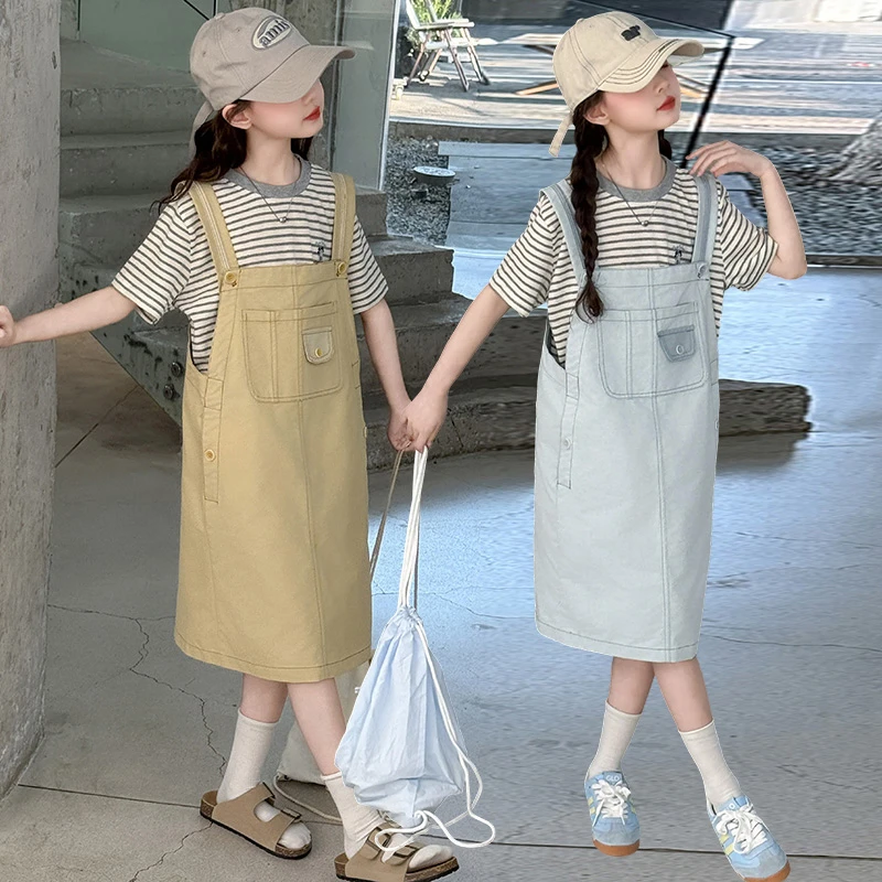 女童背带裙套装夏季2025新款儿童洋气时尚女大童条纹短袖t恤夏装T
