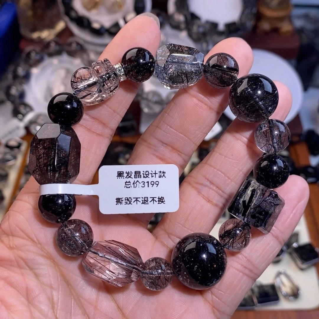 水晶手链未镶嵌黑发晶设计款貔貅方糖随型顶珠全透体满发