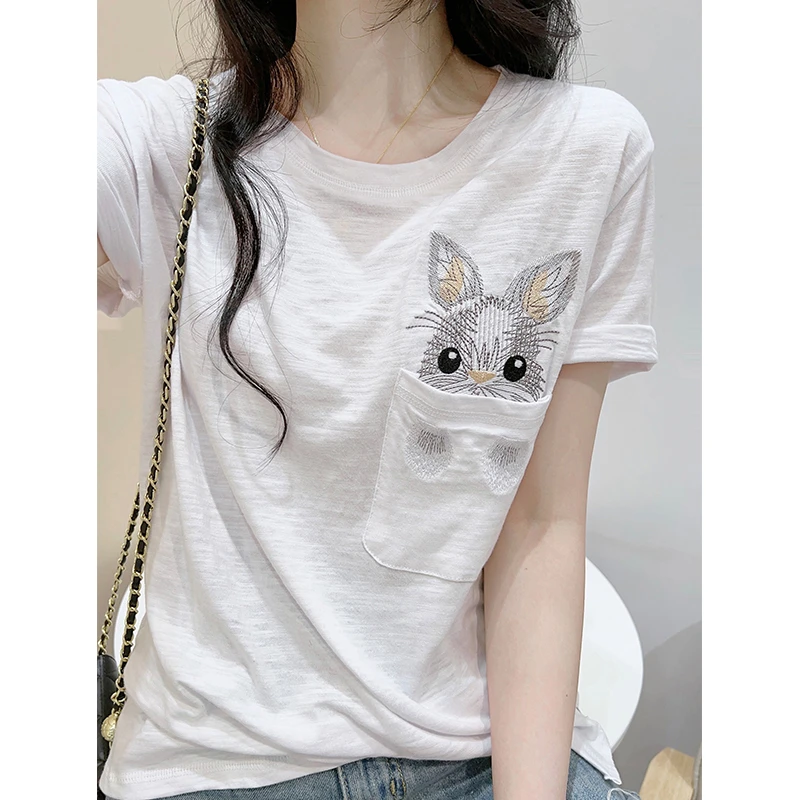 竹节棉白色短袖T恤女夏季2025新款宽松全棉体恤韩版刺绣洋气上衣