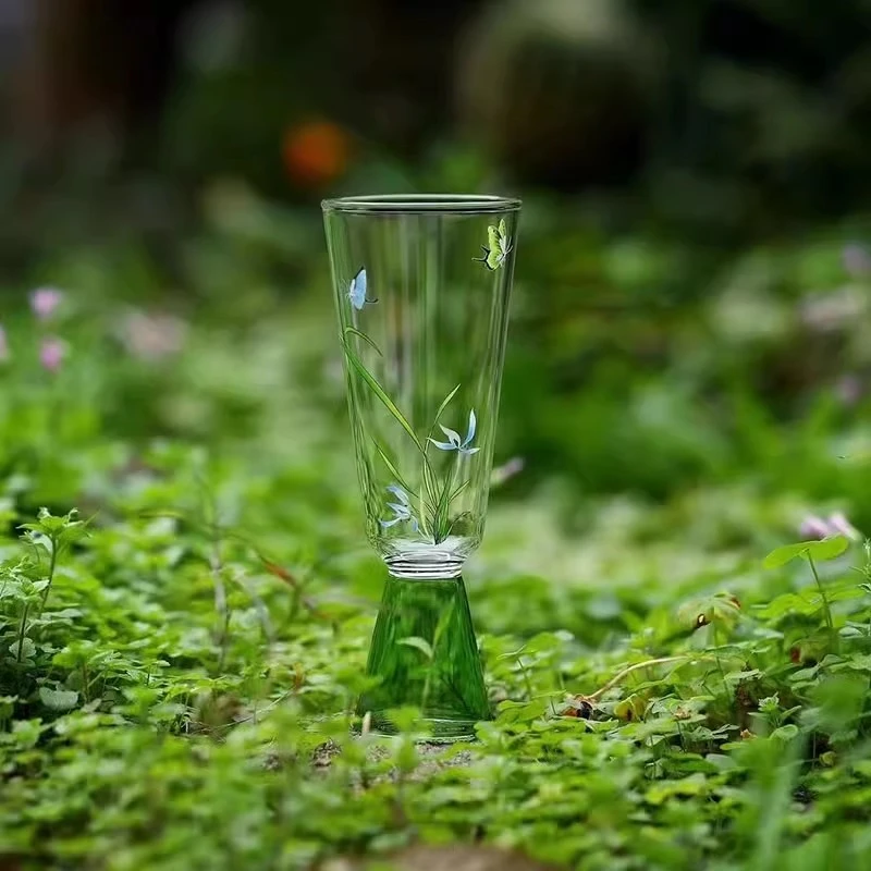 春归有茗高档珐琅彩主人杯品鉴杯透明玻璃茶杯青绿颜色玻璃杯