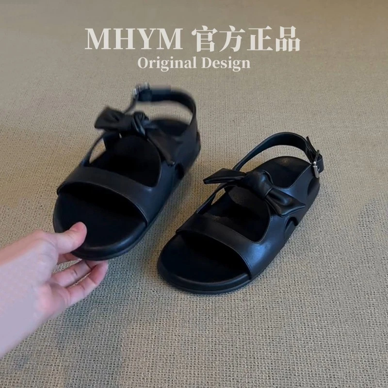 MH官方优雅复古时尚蝴蝶结圆头露趾罗马凉鞋女简约软底休闲凉鞋