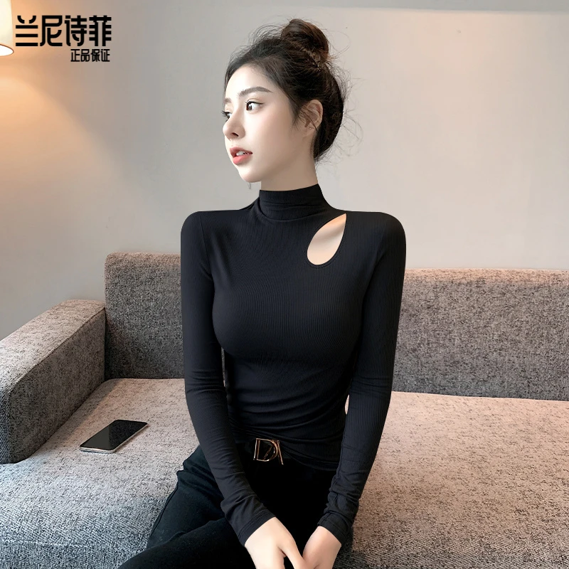 兰尼诗菲肩镂空半高领打底衫女秋冬内搭长袖T恤高级黑色螺纹上衣t