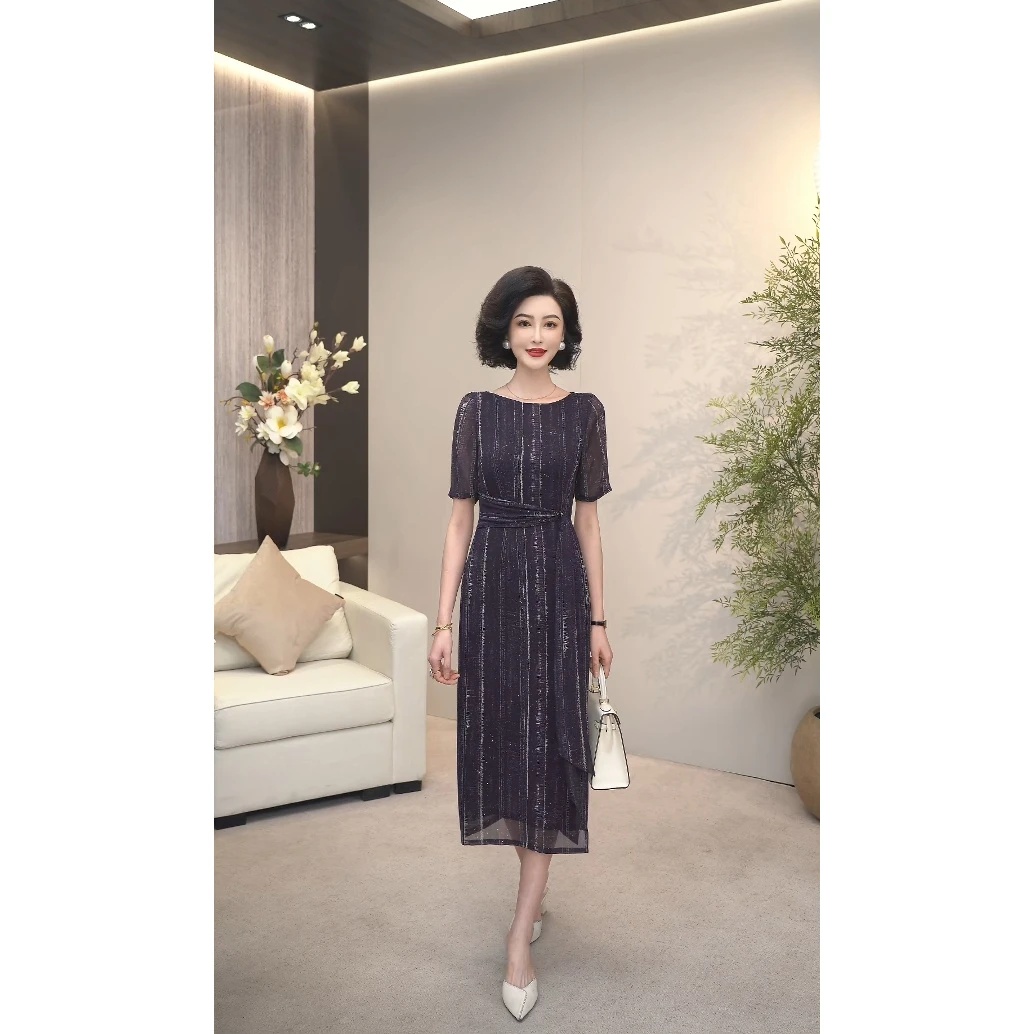 2025夏季(黛影星河)设计师款一字领莱赛尔天丝乔其纱连衣裙WF3232