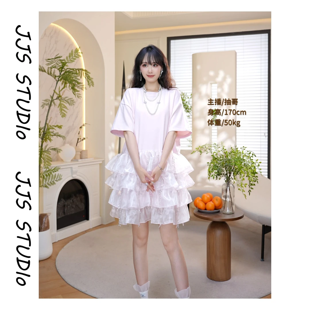 5052714『盈盈冰花』2025夏季新款蛋糕气质时尚宽松连衣裙