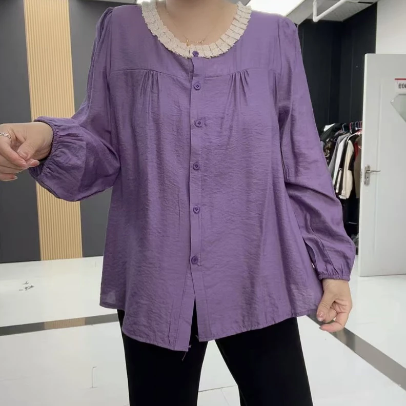 CP9432早秋大码宽松显瘦蕾丝圆领长袖捏褶设计简约扣版衬衫