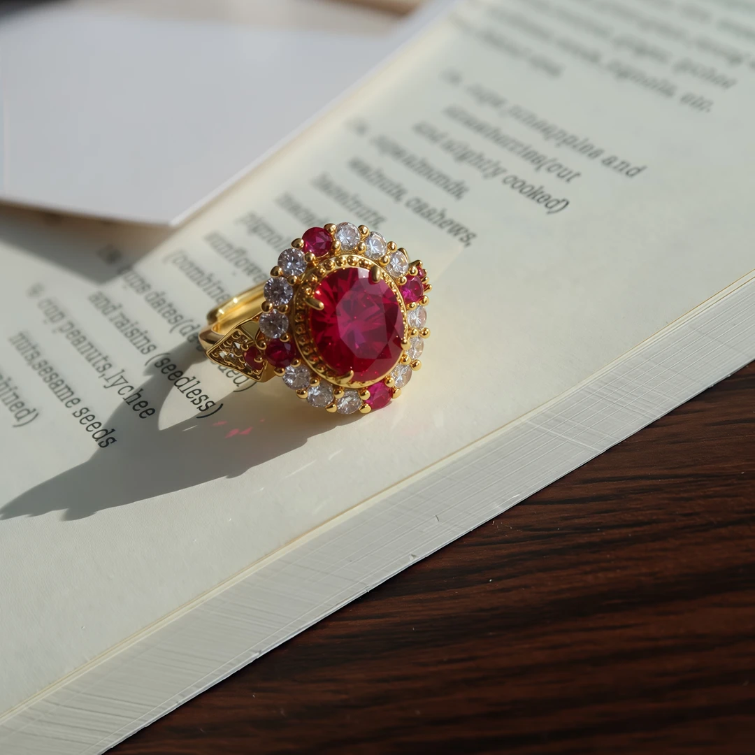 胤珩 合金合成锆石戒指 轻奢高级感气质鸽蛋玫红精致戒指首饰指环