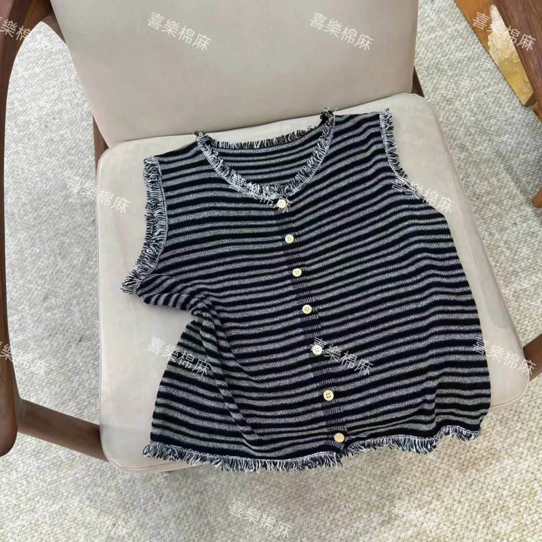 喜樂  2025天丝亚麻抗起球毛边无袖条纹针织开衫夏季新款复古时尚