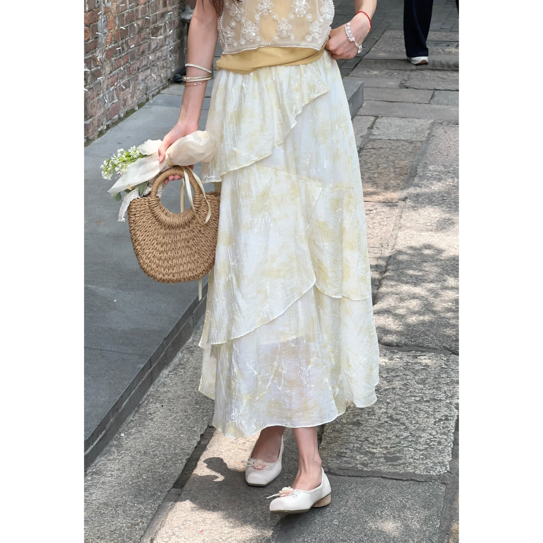 温敏er【碎光蝶舞】欧若风温柔长款半裙高腰大摆半身裙MW2023435