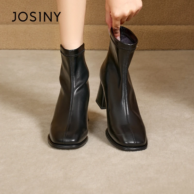 卓诗尼高跟方头短靴女2025冬新后拉链休闲百搭厚底软底561A61354