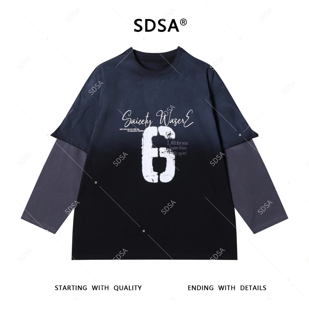 SDSA男士秋冬新款轻奢痞帅男装撞色数字字母印花假两件长袖T恤潮