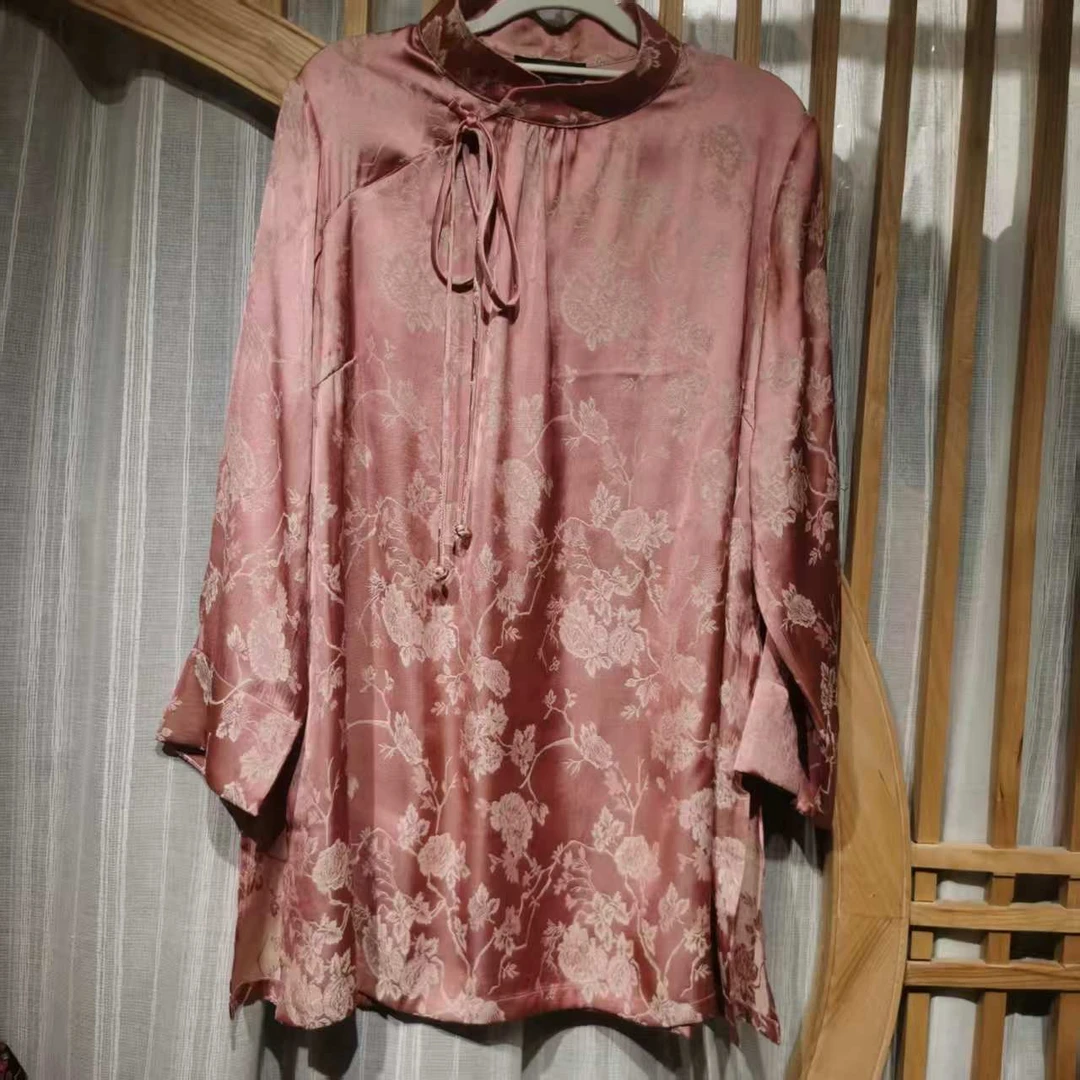 凤徕兮私人定制粉底银玫瑰暗纹花斜襟盘扣上衣（NS195-3）粉