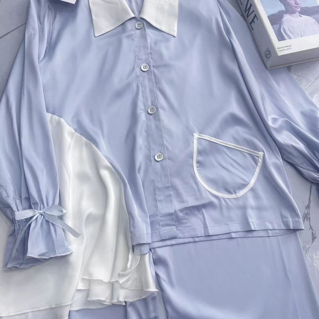 纯色睡衣女冰丝2025年新款秋天长袖长裤女士家居服春秋款6081