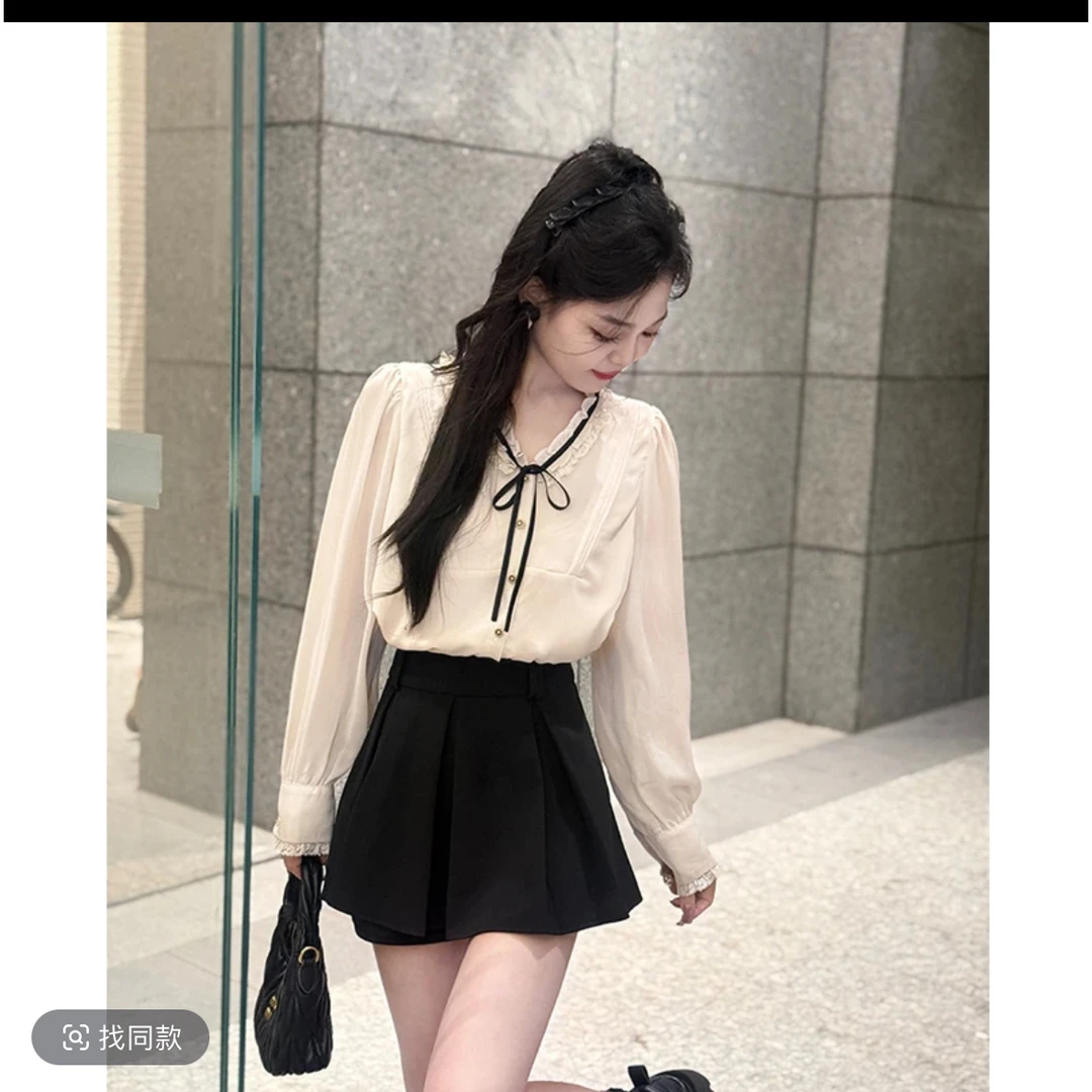 温柔风洋气长袖撞色V领绑带蝴蝶结木耳边衬衫半身裙两件套装裙女