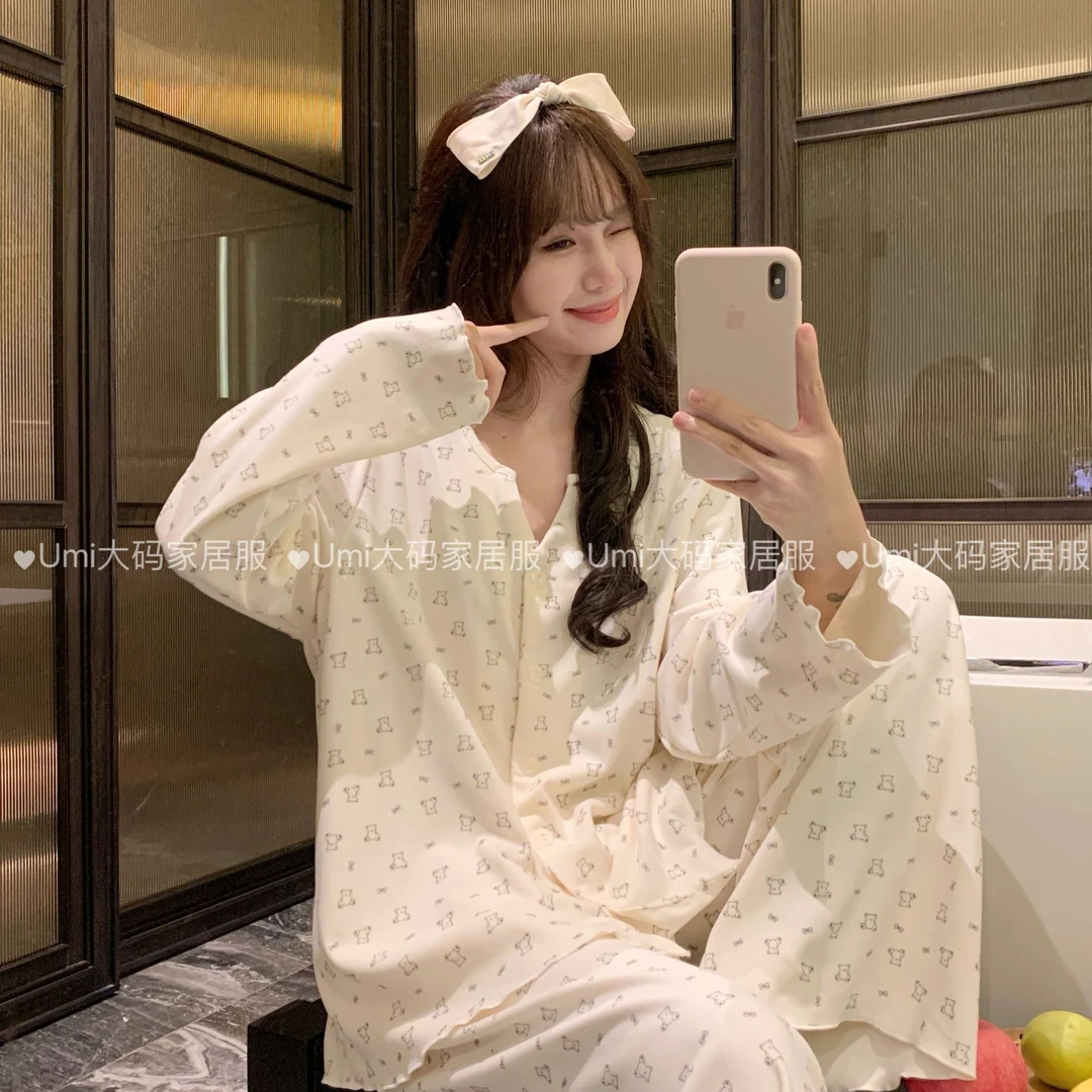 大码秋冬季德绒睡衣女120-260斤可外传简约大气V领开衫家居服套装