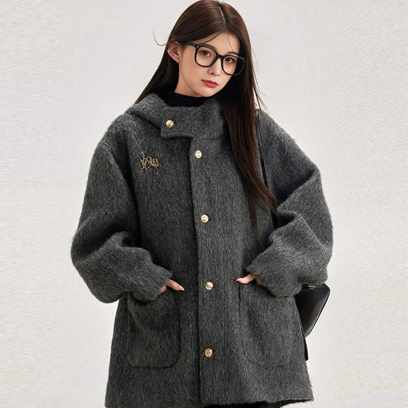 灰色连帽毛呢外套女小个子2025秋冬季新款加厚高级感短款呢子大衣