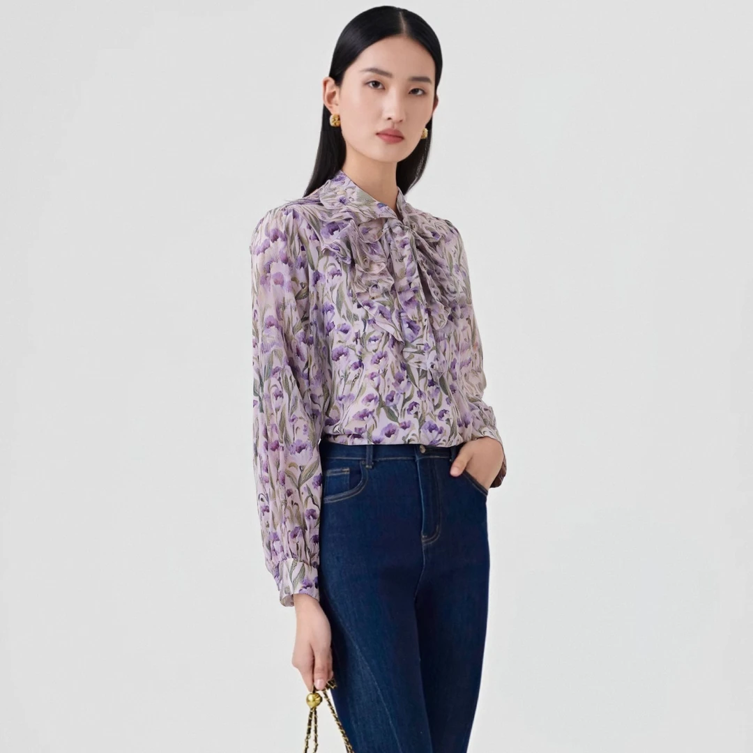 【ZOSOUL/佐色】印花时尚荷叶边精致衬衫（123620515）