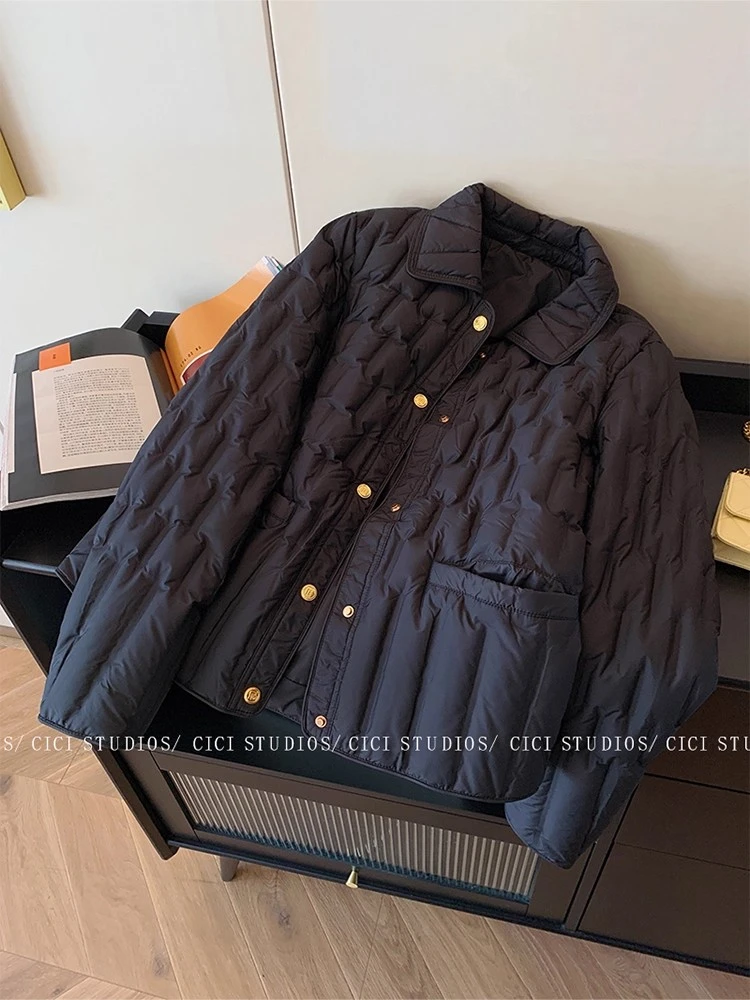 简约复古黑色翻领夹棉棉服女冬2025新款高级感小香风保暖轻薄外套