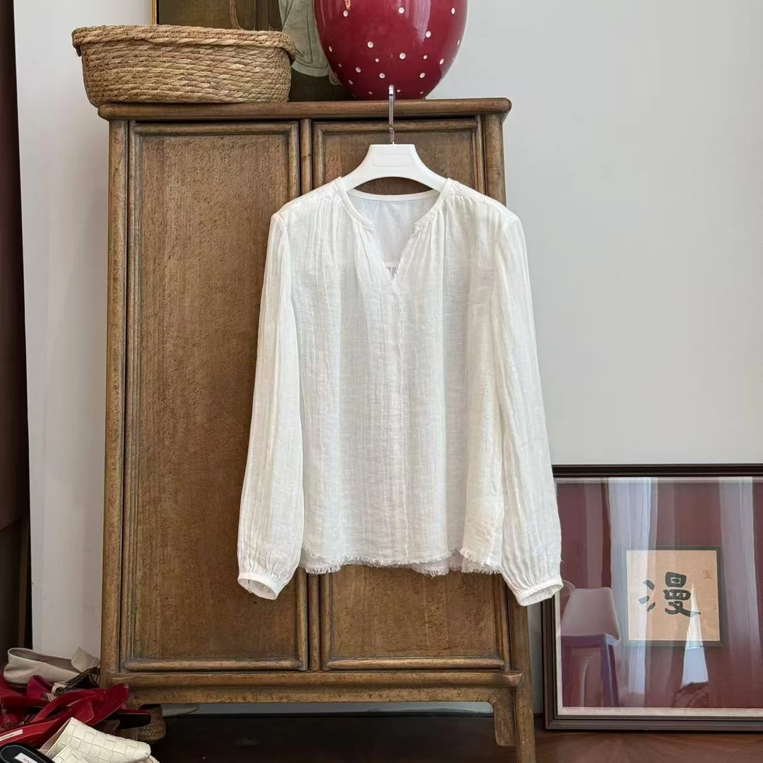 MYL 2025夏季新品亚麻白色套头衬衫V领长袖毛边休闲宽松衬衣上衣