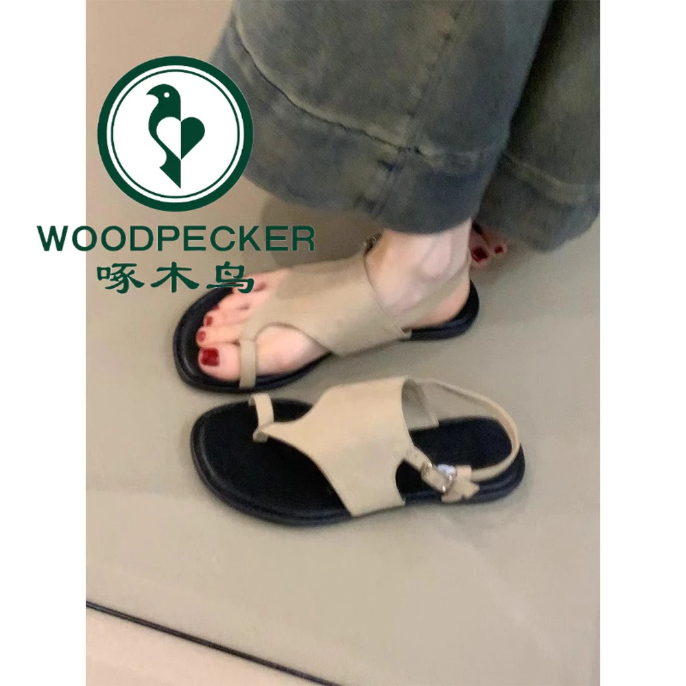 啄木鸟小众时尚简约设计感平底套趾凉鞋女夏季复古外穿沙滩罗马鞋