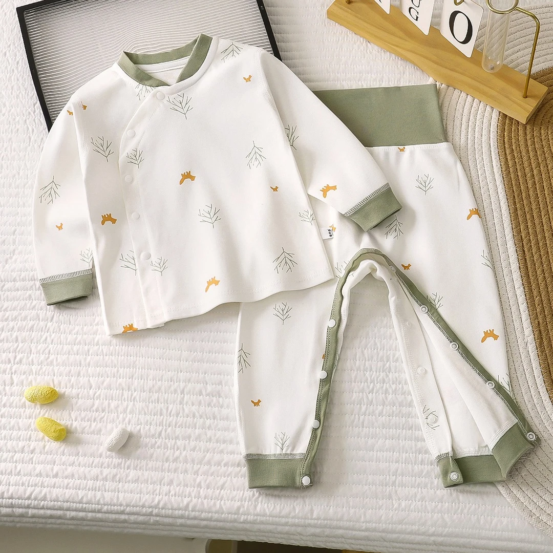 婴幼儿纯棉免脱套装新生儿无骨高腰护肚裤宝宝春秋打底秋衣秋裤