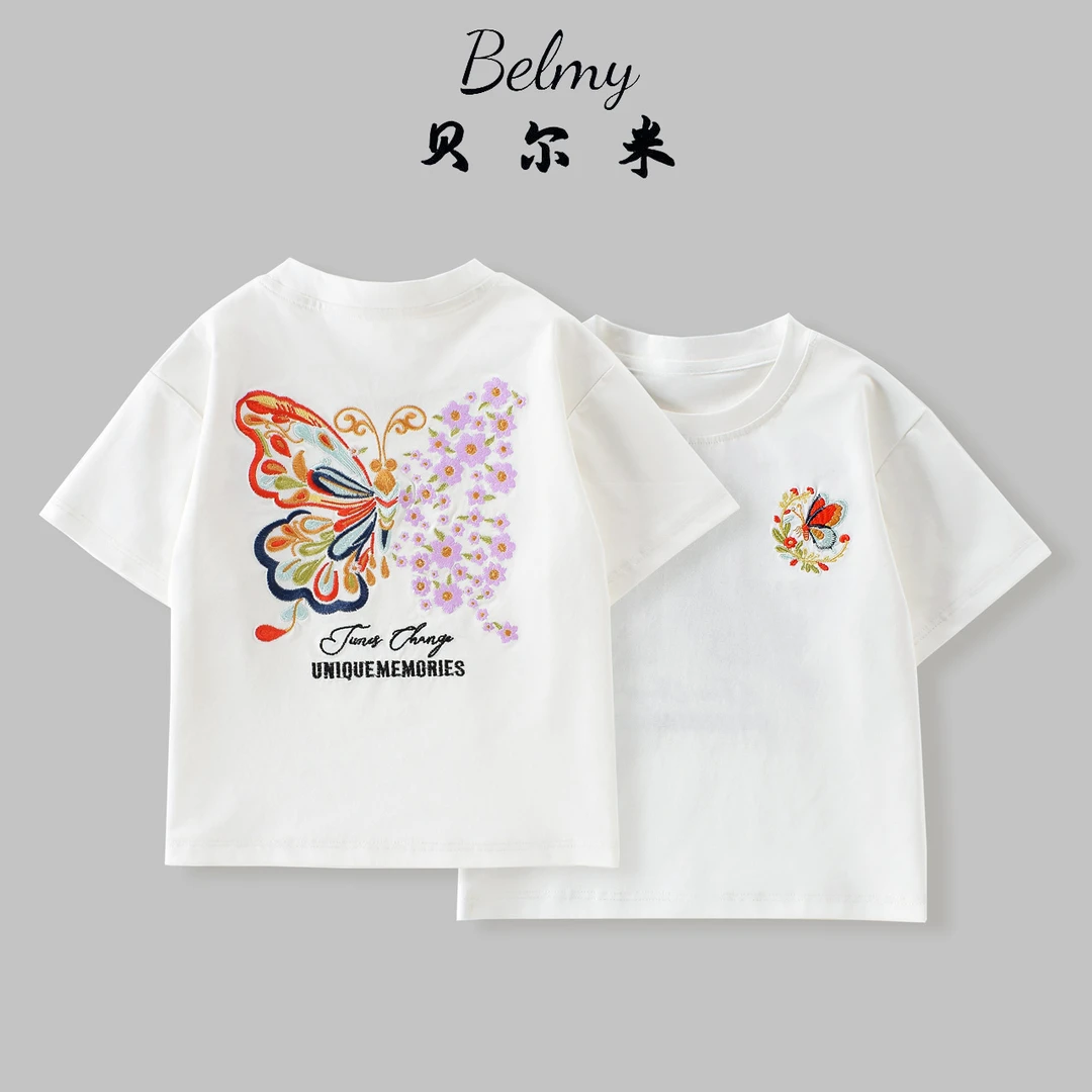 光变蝴蝶半袖潮牌刺绣中性儿童短袖夏季百搭宽松2025新款t恤