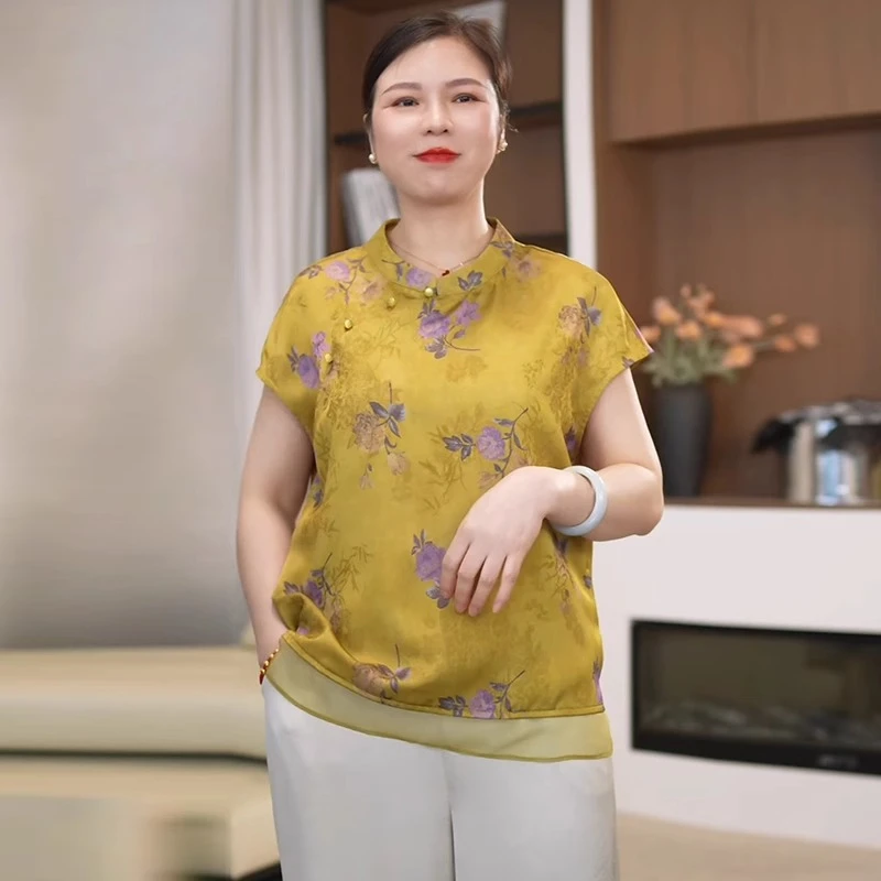 妈妈装时尚洋气小衫夏季薄款气质中老年中式印花复古旗袍立领上衣