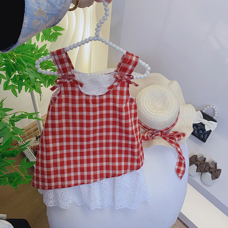 2025夏季新款女童小女孩韩版格子无袖纯棉连衣裙公主宝宝蕾丝裙子