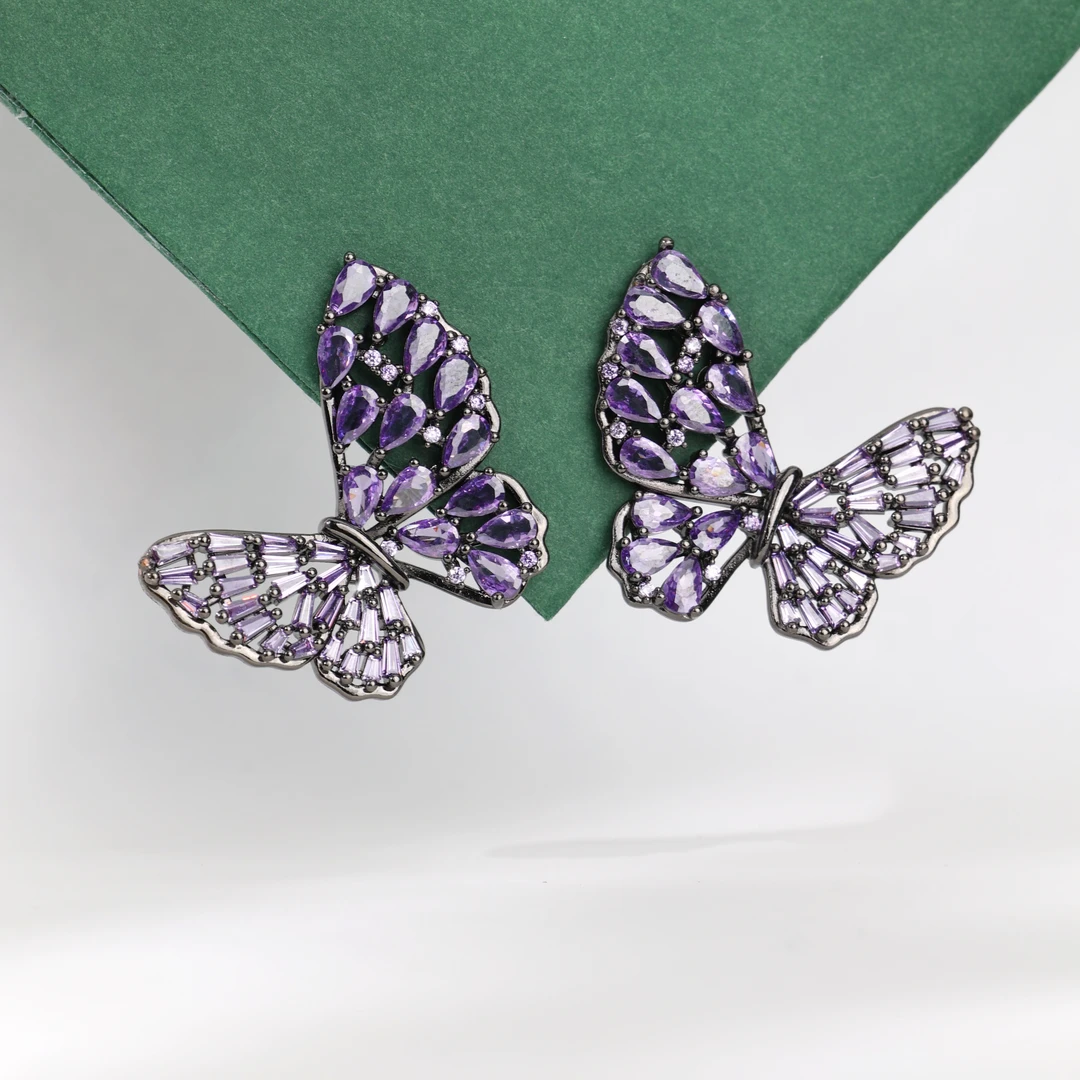 铜合金锆石耳饰 气质仙气蝴蝶满钻重工奢华百搭时尚优雅