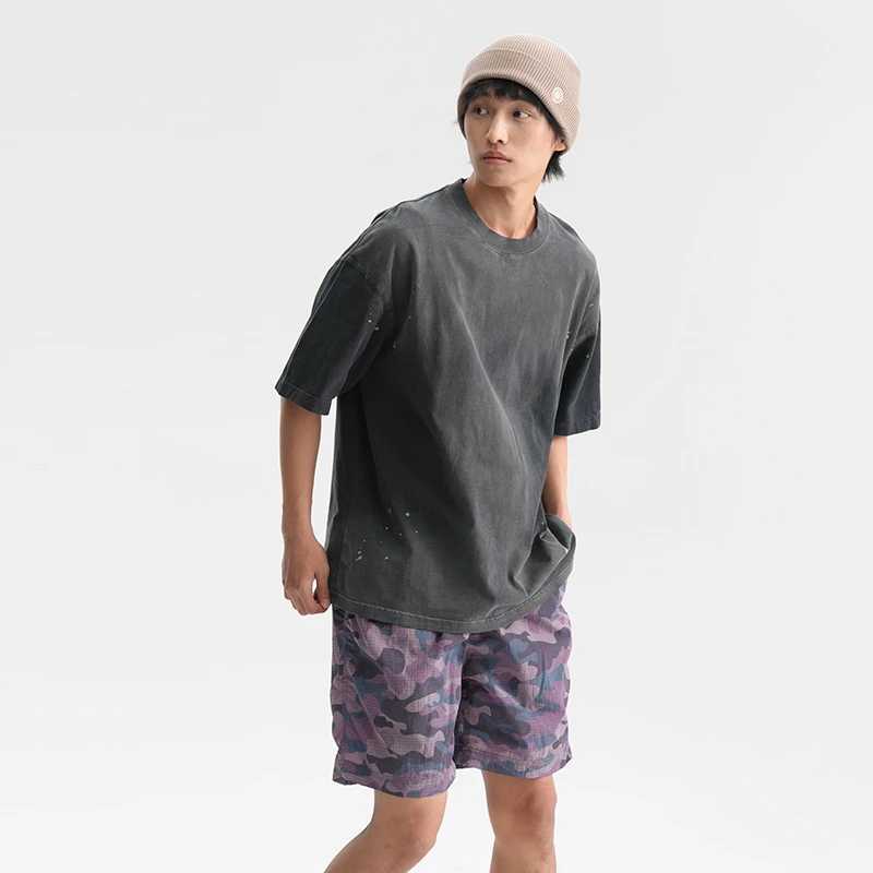 美式复古泼墨短袖T恤纯棉水洗做旧圆领落肩半袖上衣