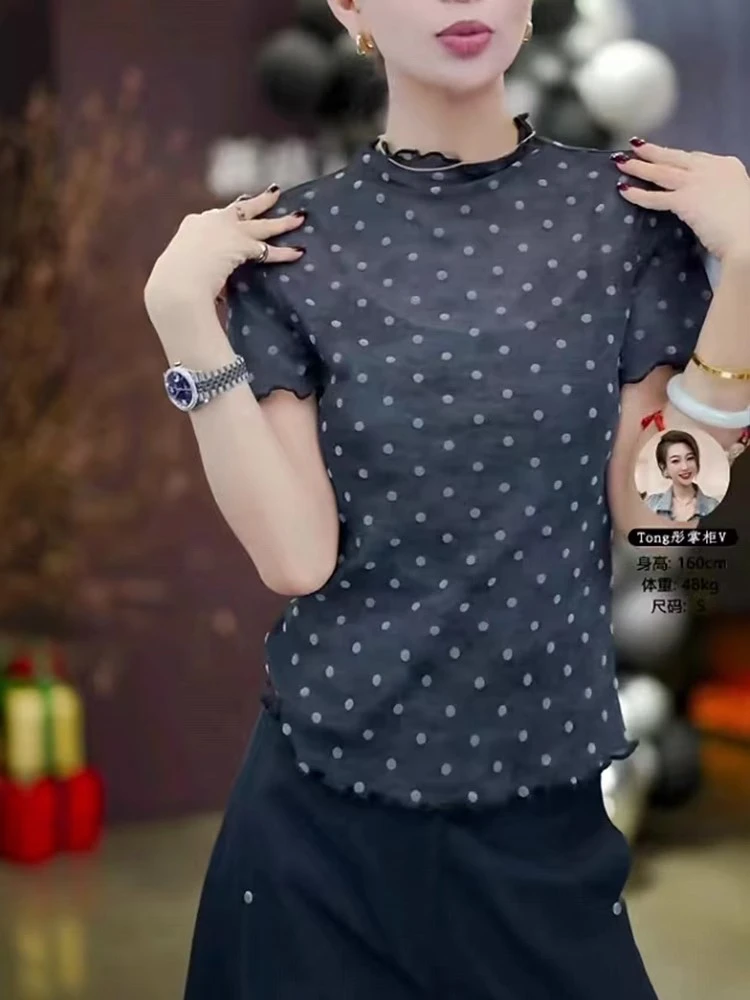 2025年夏季新款韩系设计感波点网纱扎染修身显瘦短袖T恤女上衣潮