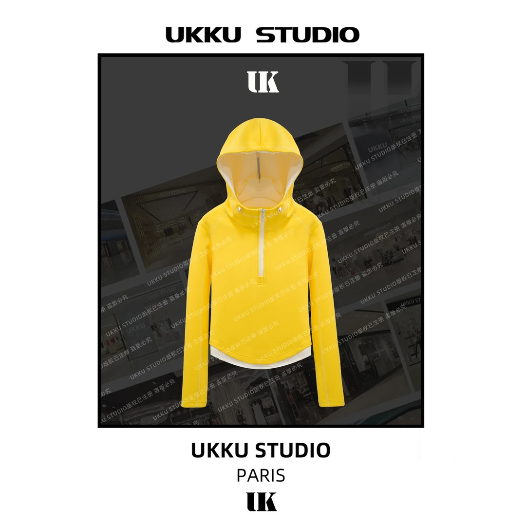 尧尧【UKKUSTUDIO】气质感穿搭显白舒适黄白拼接连帽卫衣313369