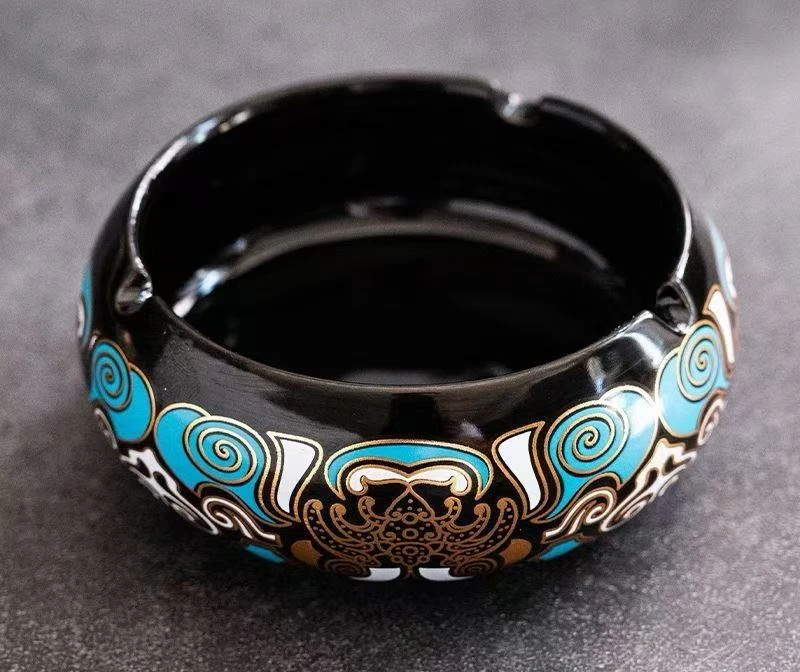 黑色饕餮纹烟灰缸陶瓷复古中式金银错家用会所办公高档缸